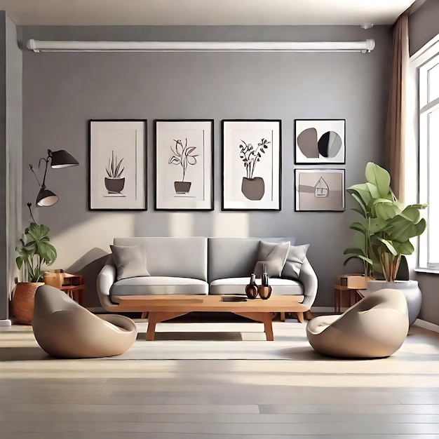 modernes Apartment, sonniges Wohnzimmer, realistischer 3D-Vektor-Interieur mit Couchtisch, KI