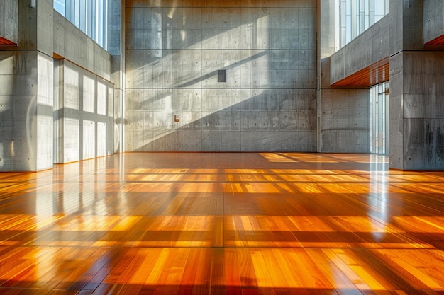 Modernes architektonisches Interieur mit Sonnenlicht, das Schatten durch Fenster auf glänzendem Holzboden wirft