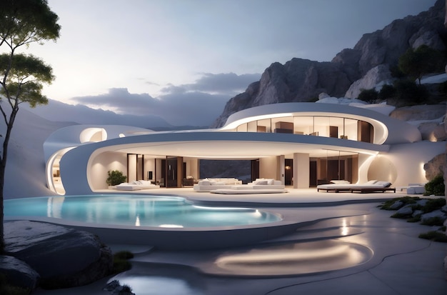 Modernes Architekturdesign-Luxushaus mit Pool im architektonischen Bannerhintergrund der Höhle