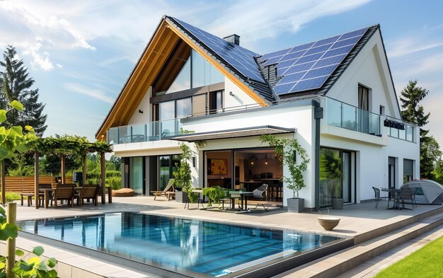 Modernes Architekturhaus mit Sonnenkollektoren zur Erzeugung sauberer Energie