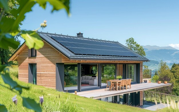 Modernes Architekturhaus mit Sonnenkollektoren zur Erzeugung sauberer Energie