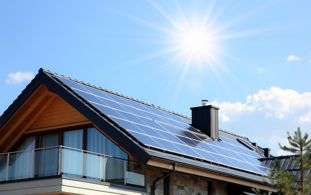 Modernes Architekturhaus mit Sonnenkollektoren zur Erzeugung sauberer Energie