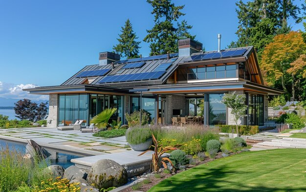 Modernes Architekturhaus mit Sonnenkollektoren zur Erzeugung sauberer Energie