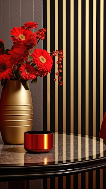 Foto modernes art-deco-esszimmer-interieur mit goldgestreifter vase und roten blumen raum für text