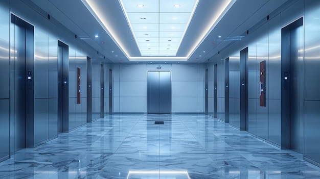 Modernes Aufzugsinterieur mit reflektierenden Metallwänden und warmer Beleuchtung