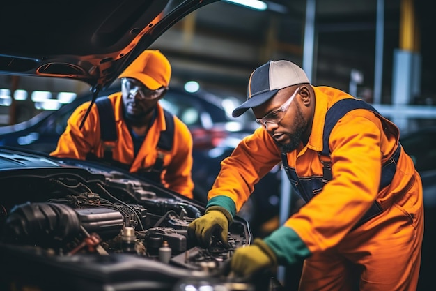 Modernes Auto wird an einer Tankstelle repariert. Erfahrene Techniker arbeiten am Fahrzeug, um seine optimale Leistung sicherzustellen. Generative KI