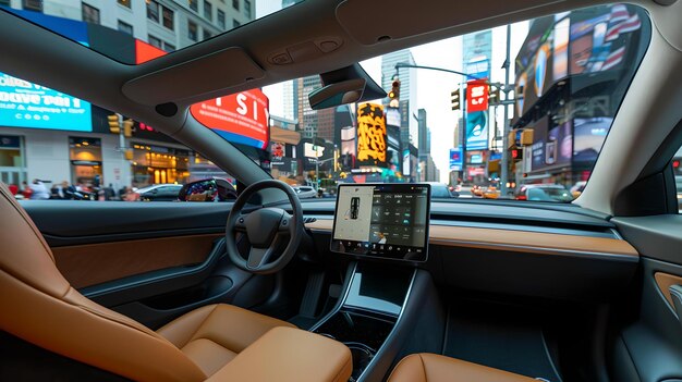 Modernes Autointerieur mit Blick auf geschäftige Stadtstraßen städtische Fahrerfahrung präsentiert schlanke Technologie trifft auf lebendiges Stadtleben KI