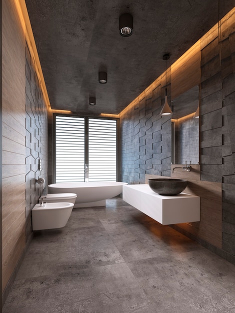 Modernes Badezimmer in dunklen Tönen mit Deckenbeleuchtung. 3D-Rendering