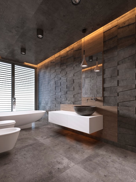 Modernes badezimmer in dunklen tönen mit deckenbeleuchtung. 3d-rendering