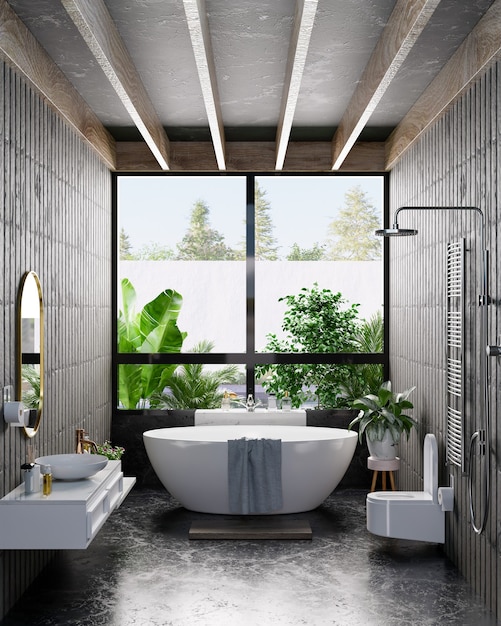 Modernes Badezimmer-Innendesign auf dunkler Farbwand, 3D-Rendering