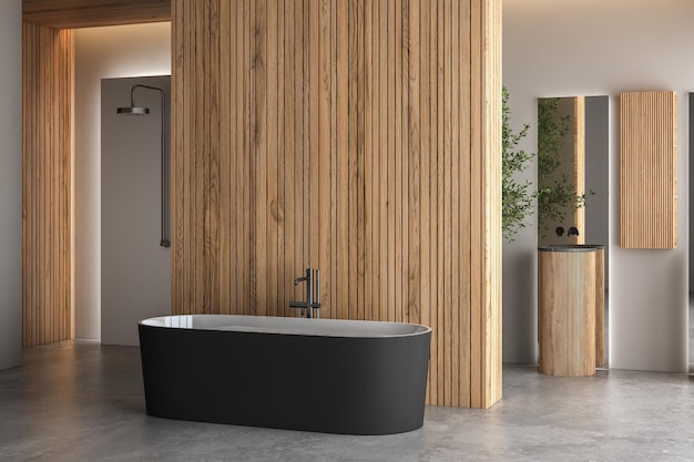 Modernes Badezimmer mit Betonboden, schwarz-weißer Badewanne und Doppelwaschbecken-Dusche, Holzwandanlage und Blick auf die Stadt von den Fenstern Minimalistisches Badezimmer mit modernen Möbeln 3D-Rendering