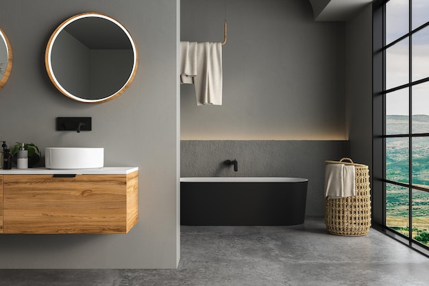 Modernes Badezimmer mit Betonboden, schwarzer ovaler Badewanne und Doppelwaschbecken und Blick auf die Berge von den Fenstern Minimalistisches Badezimmer mit modernen Möbeln 3D-Rendering