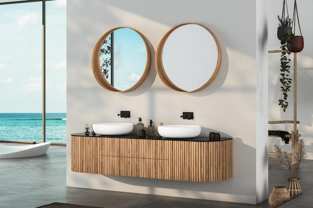 Modernes Badezimmer mit Betonboden, zwei Waschbecken, Doppelspiegel, weiße Badewanne, Innenpflanzen, Meerblick vom Fenster, minimalistisches Badezimmer mit modernen Möbeln und Panoramablick, 3D-Darstellung