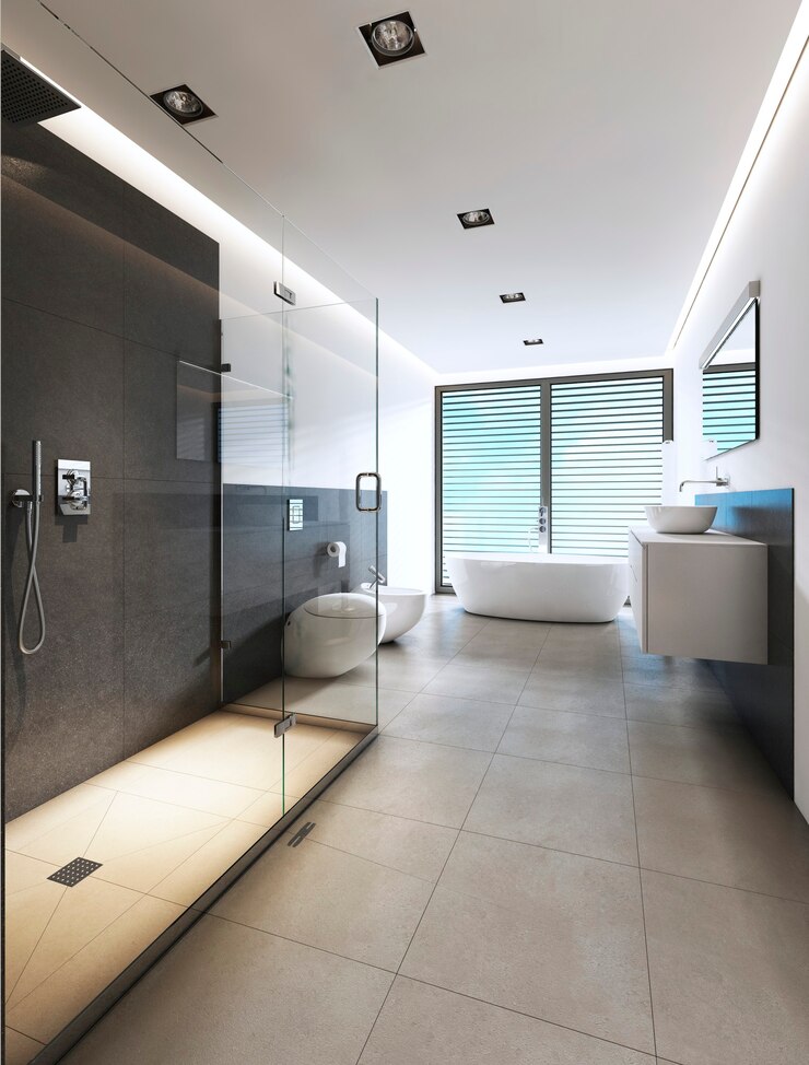 Modernes Badezimmer mit Dusche und Badewanne in weißen und grauen Farben. 3D-Rendering