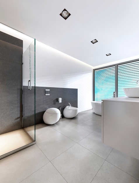 Modernes Badezimmer mit Dusche und Badewanne in weißen und grauen Farben. 3D-Rendering