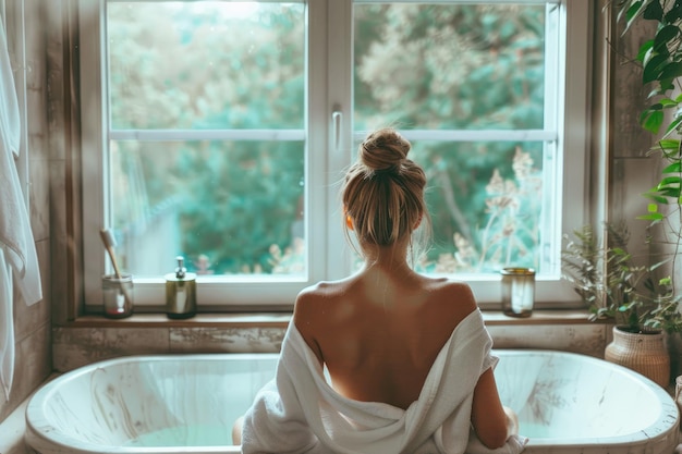 Modernes Badezimmer mit einer Fensterfrau mit dem Rücken zur Kamera, die aus dem Fenster schaut