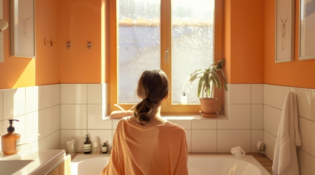 Modernes Badezimmer mit einer Fensterfrau mit dem Rücken zur Kamera, die aus dem Fenster schaut