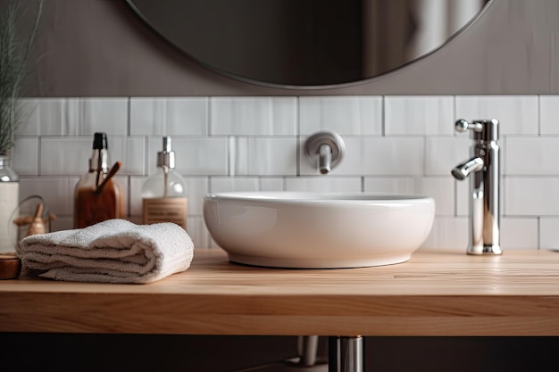 Modernes Badezimmer mit elegantem Waschbecken und großem Spiegel Generative KI