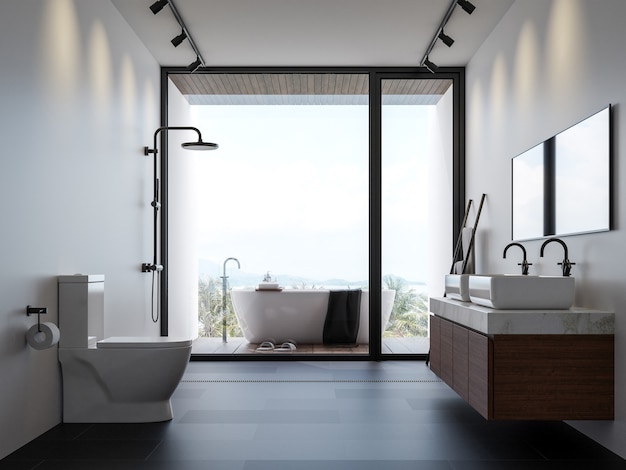 modernes Badezimmer mit Meerblick 3D-Rendering dort hat eine Badewanne auf dem Außenbalkon