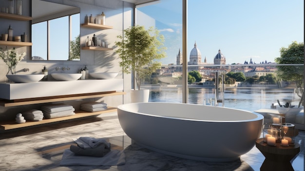 Modernes Badezimmer mit schöner Aussicht im Hintergrund