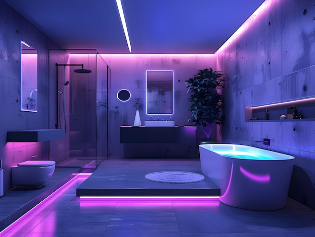 Modernes Badezimmer mit Umgebungsbeleuchtung und futuristischen Merkmalen, erzeugt von Ai