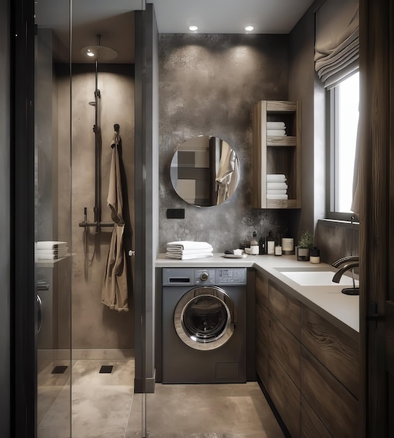 modernes Badezimmer mit Waschmaschine und Trockner