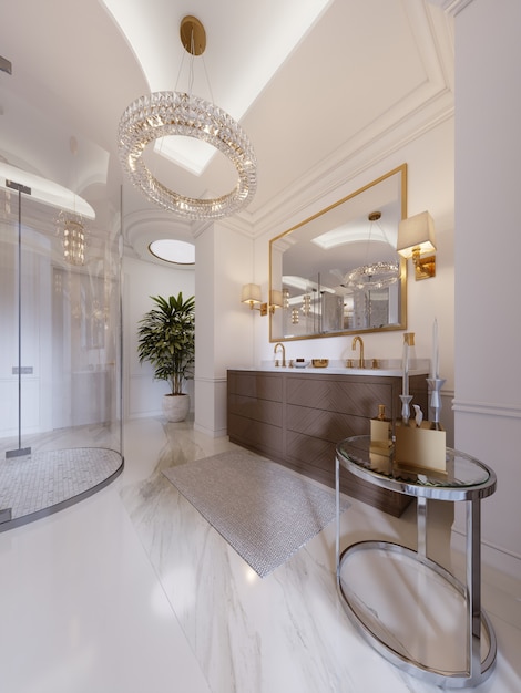 Modernes Badezimmer mit Waschtisch und Spiegel in Goldrahmen mit Wandleuchten, einem niedrigen Tisch mit Dekor, Dusche und einer modischen Badewanne. 3D-Rendering.