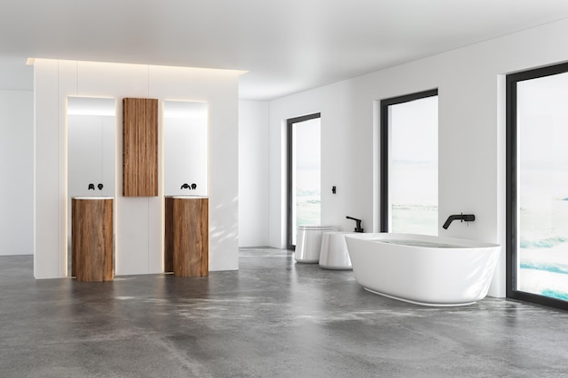 Modernes Badezimmer mit weißer Badewanne, Toilette und zwei Waschbecken mit quadratischen Spiegeln. Weißes minimalistisches Design