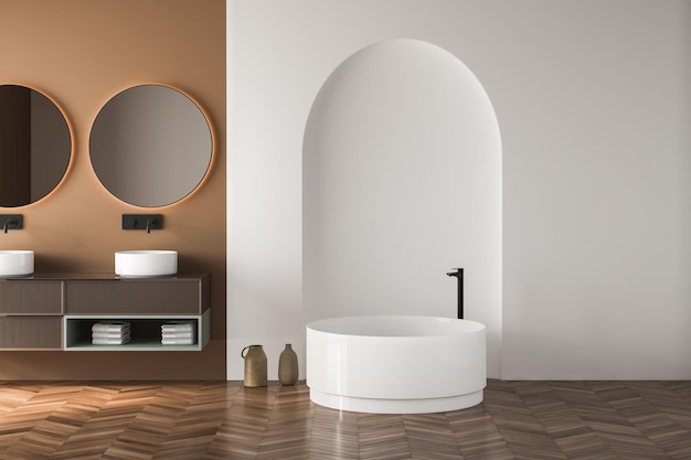 Modernes Badezimmerdesign, braune Möbel, helle Wände, Parkettboden, Badewanne. Minimalistisch