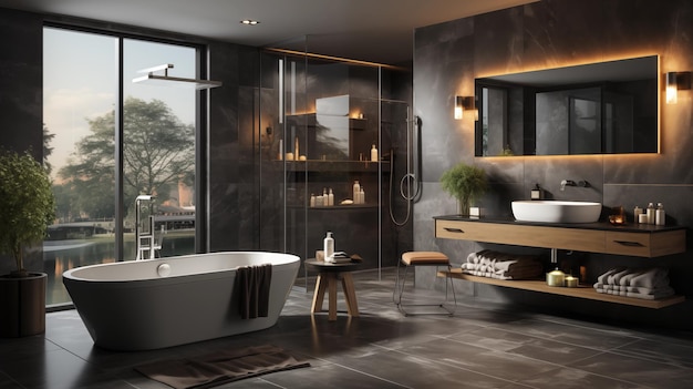 Modernes Badezimmerinterieur mit Badewanne, Fenstern, Waschbecken und anderen Möbeln