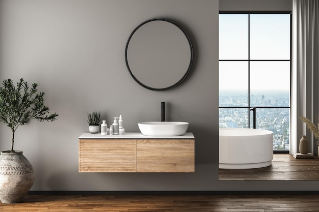 Modernes Badezimmerinterieur mit dunkelbraunem Parkettboden, weißer ovaler Badewanne und zwei Waschbecken Vorderansicht Minimalistisches Badezimmer mit modernen Möbeln und 3D-Rendering mit Blick auf die Stadt