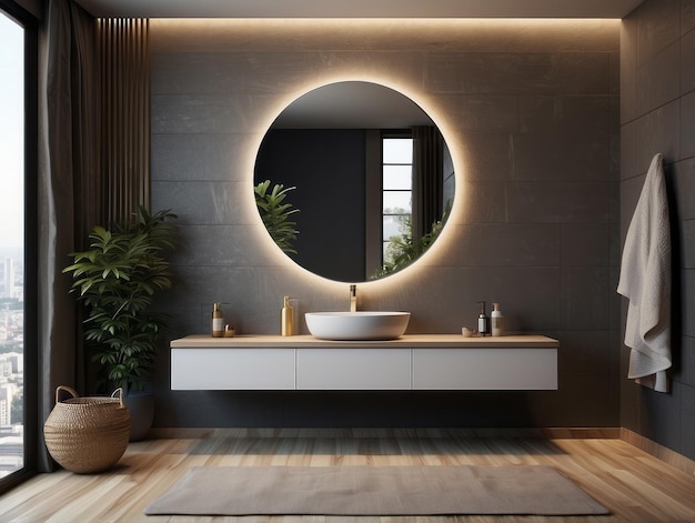 Modernes Badezimmerinterieur mit stilvollem Spiegel und Waschbecken