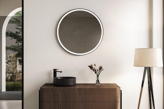 Modernes Badezimmerinterieur mit weißen Wänden, schwarzes Waschbecken mit ovalem Spiegel, Badewanne mit grauem Betonboden, minimalistisches helles Badezimmer mit modernen Möbeln