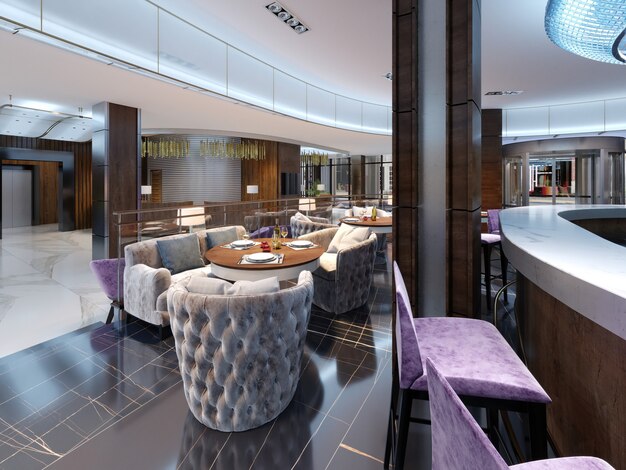 Modernes Bar- und Restaurant-Interieur, Teil eines Hotels, Designer-Interieur. 3D-Rendering
