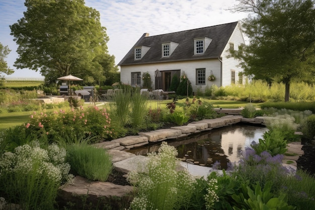 Modernes Bauernhaus mit üppigem Garten, blühenden Blumen und Wasserspielen