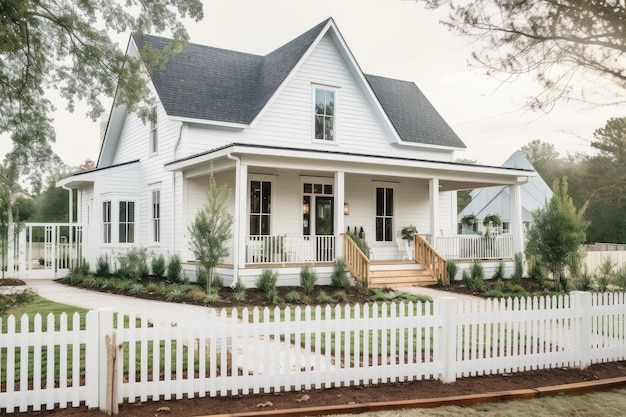 Modernes Bauernhaus mit umlaufendem Veranda-Lattenzaun und Garten, angelegt mit generativer KI