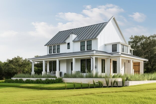 Modernes Bauernhaus mit umlaufender Scheune und Weiden im Hintergrund