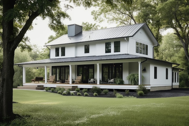 Modernes Bauernhaus mit umlaufender Veranda und Küchenfenster, umgeben von üppigem Grün