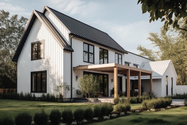 Modernes Bauernhaus von außen mit großen Fenstern und natürlichem Licht, das die Innenarchitektur in Szene setzt