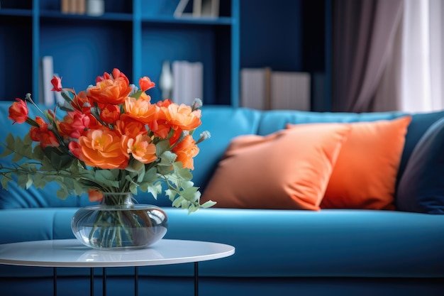 Modernes blau-orange Wohnzimmer mit Sofa und Möbeln mit Blumen
