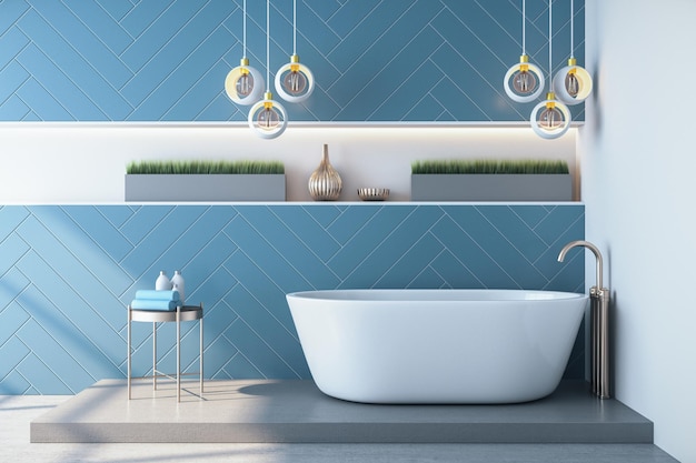 Modernes blaues Badezimmer mit Spiegel