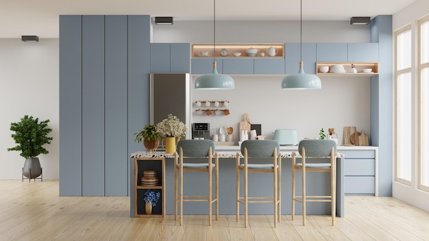 Modernes blaues Kücheninterieur mit MöbelnKücheninterieur mit weißer Wand