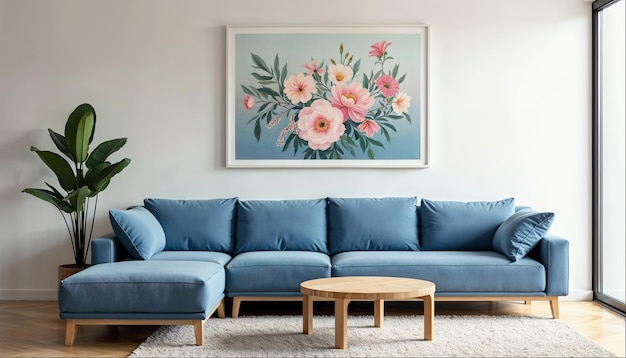 Modernes blaues Sektionssofa im minimalistischen Wohnzimmer