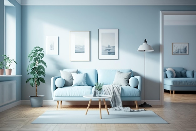 Modernes blaues Wohnzimmer in Nahaufnahme mit Sofa Generative AI