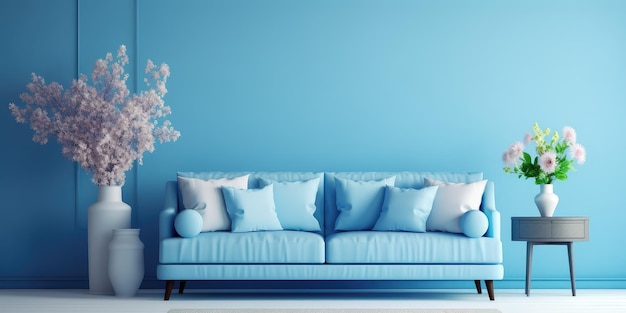 Modernes blaues Wohnzimmer mit Sofa und Möbeln