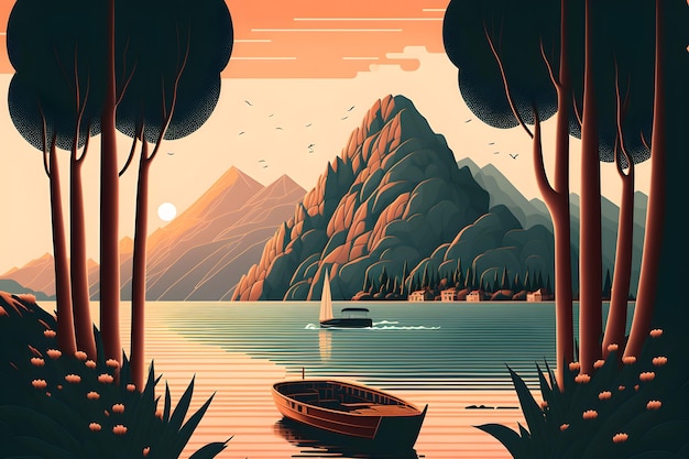 Modernes boot der mitte des jahrhunderts bei sonnenuntergang seelandschaft illustration generative ai