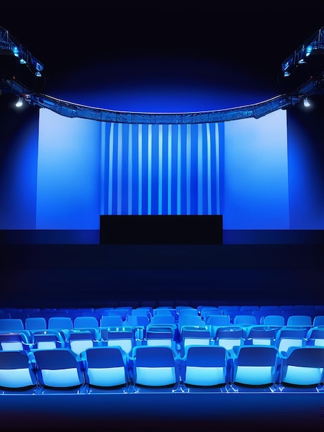 Modernes Bühnentheater mit leeren Stühlen und beleuchteter blauer Beleuchtung