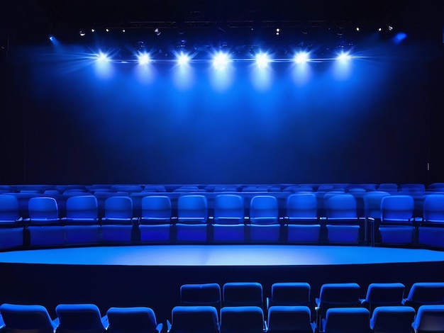 Modernes Bühnentheater mit leeren Stühlen und beleuchteter blauer Beleuchtung