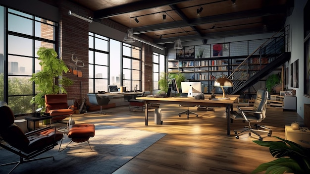 Foto modernes büro-innendesign loft-konzept 3d-rendering generative ki