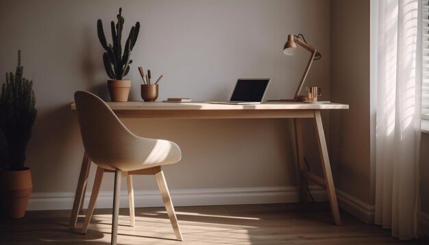 Modernes Büro mit elegantem Dekor, bequemem Sessel und von KI generierter Technologie